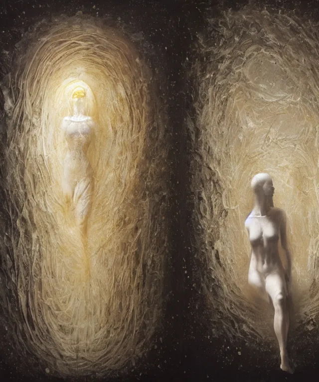 Prompt: Beautiful full-body wax sculpture of a glowing transparent woman inside egg with melted white wax in the singularity where stars becoming baroque folds of dark matter by Michelangelo da Caravaggio, Nicola Samori, William Blake, Alex Grey and Beksinski, dramatic volumetric lighting, highly detailed oil painting, 8k, masterpiece