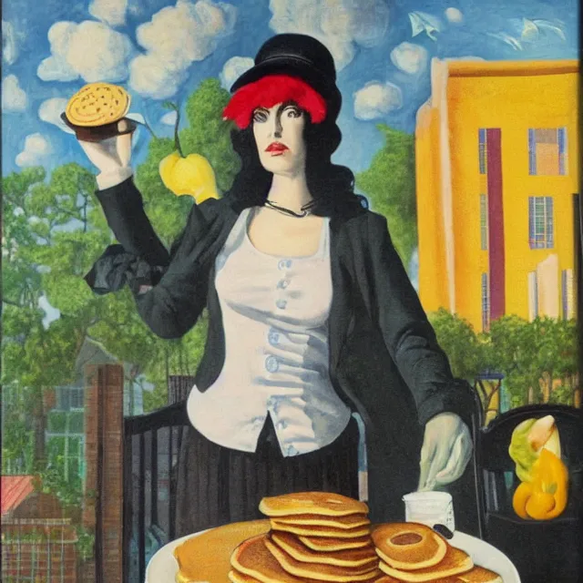 Prompt: tall emo female artist holding pancakes, in chippendale sydney, gold bars, maple syrup, snails, berries, pigs, octopus, acrylic on canvas, surrealist, by magritte and monet