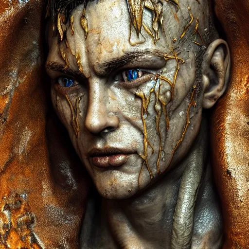 Image similar to photo taken of an epic intricate, ultra detailed, super realistic gritty, wet, lifelike sculpture of an cyberpunk ninja with neon veins created by weta workshop, zoomed in shots, subsurface scattering, photorealistic, sharp focus, white wall coloured workshop, cold colour temperature, f 0. 4, face centred, golden ratio,