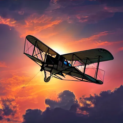 Image similar to a biplane with tons of wings stacked high flying through golden clouds at sunset, symmetrical, 4 k, art station, digital art