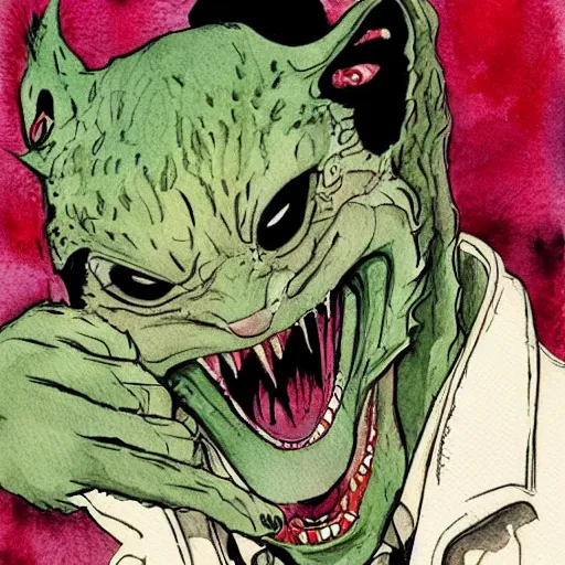 Prompt: dracula cat from the black lagoon watercolor geoff darrow style