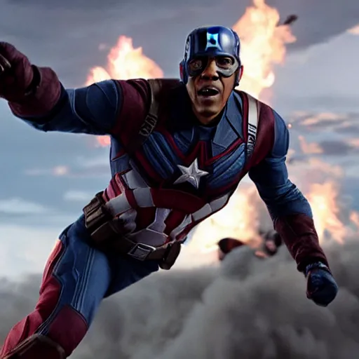 Image similar to Obama as Captain America in the Avengers, final epic scene, closeup still