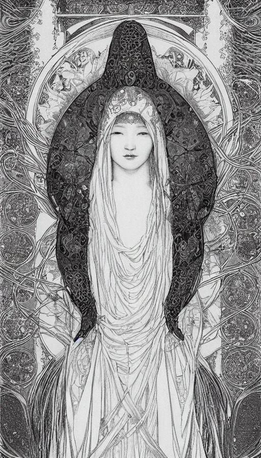 Image similar to yoon young bae as the high priestess, tarot design, by mucha, by agostino arrivabene, black and white graphite drawing, smooth render