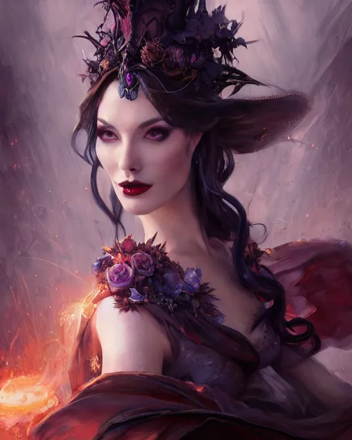 Prompt: daniel gerhartz and artgerm detailed portrait digital rococo painting of a beautiful villainess wearing fantasy clothing like liliana vess, evil mood, hellish battlefield in the background, embers, unreal engine, hyper realism, realistic shading, cinematic composition, blender render, octane render, hdr, detailed textures, photorealistic, ultrawide shot, 3 5 mm film