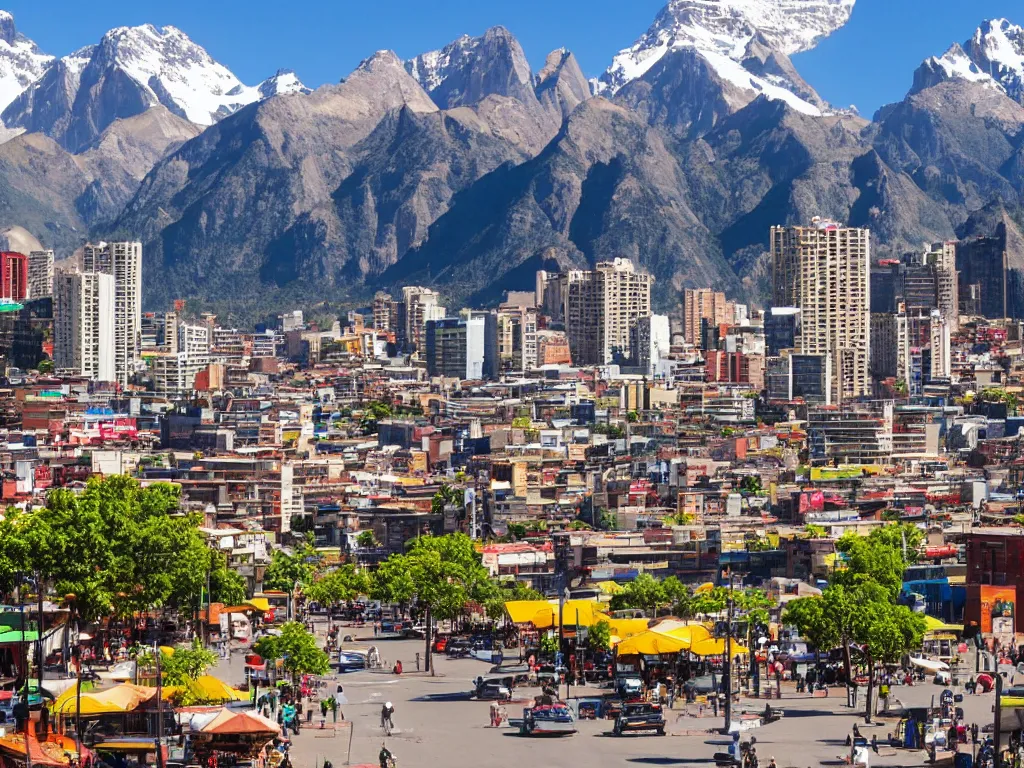 Prompt: south american city market street with tall buildings in a valley with rocky mountains