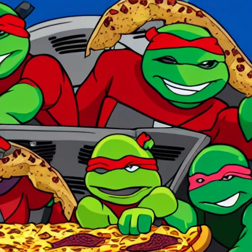 Prompt: teenage mutant ninja turtles having a pizza party, 8 k