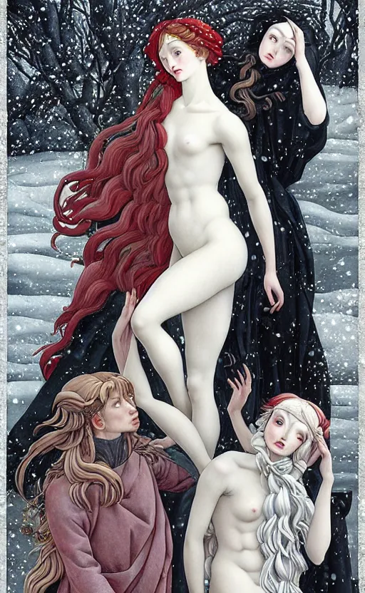 Prompt: allegory of Winter, as 3 figures, (Representing the 3 months of December, January, and February), in a mixed style of Botticelli and Æon Flux, inspired by pre-raphaelite paintings, shoujo manga, and Harajuku street fashion, sparse frozen landscape, dark and moody colors, hyper detailed, super fine inking lines, dramatic lighting, 4K photorealistic