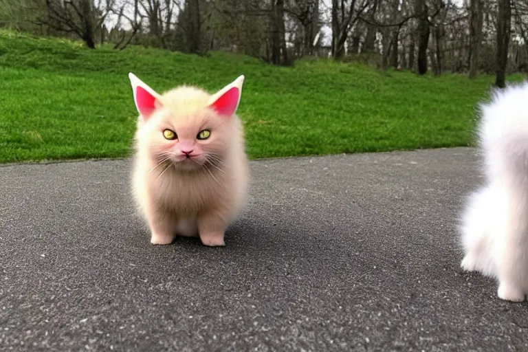 Image similar to real life mew pokemon, cute!!!, heroic!!!, adorable!!!, playful!!!, chubby!!! fluffly!!!, happy!!!, cheeky!!!, mischievous!!!, ultra realistic!!!, spring time, slight overcast weather, golden hour, sharp focus