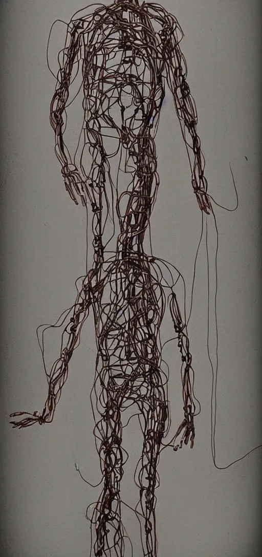 Image similar to human made out of wires and machinery, body horror, creepy, disturbing, dark,