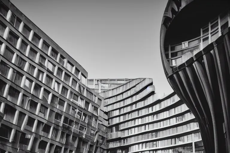 Image similar to a brutalist building in the shape of a Mobius strip, windows, door, rooftop, urban photography, detailed