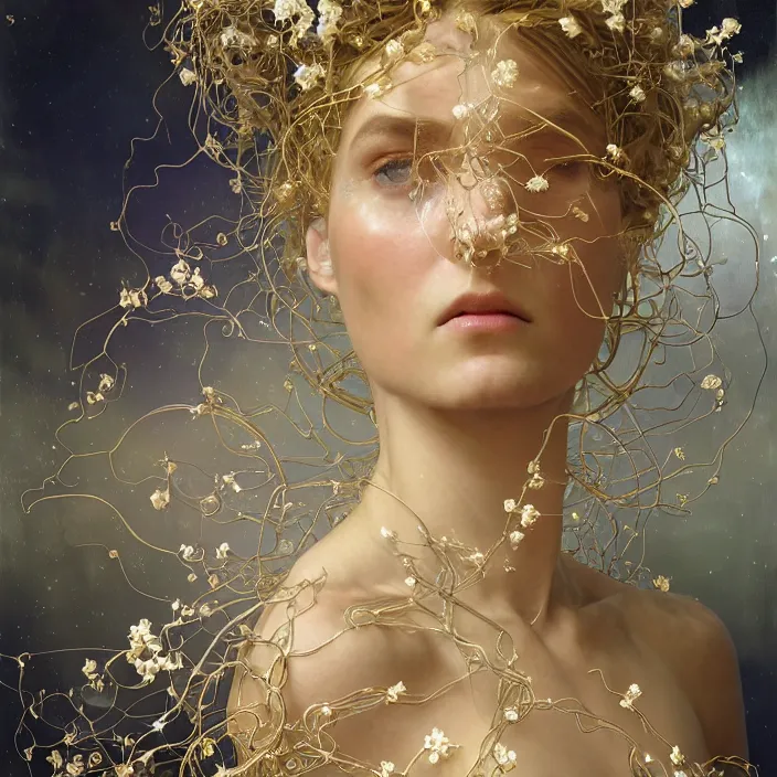 Prompt: hyperrealist portrait of a 2 0 4 4 space sport engineer, it is decorated with long gold wires and white flowers that fall like vines and wears a huge computer crown. by jeremy mann and alphonse mucha, fantasy art, photo realistic, dynamic lighting, artstation, poster, volumetric lighting, dramatic light, very detailed faces, 8 k, award winning