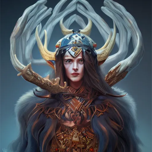 Image similar to Dramatic portraiture of Uuen, the Pictish god of stags, mixed media, trending on ArtStation, by Viktor Vasetnov and ArtGerm, luminism