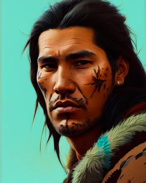 Prompt: hyper realistic portrait of handsome native american man in the city, rugged, male, detailed face, by atey ghailan, by greg rutkowski, by greg tocchini, by james gilleard, by joe fenton, by kaethe butcher, dynamic lighting, gradient light blue, turquoise, red and gold color scheme, grunge aesthetic