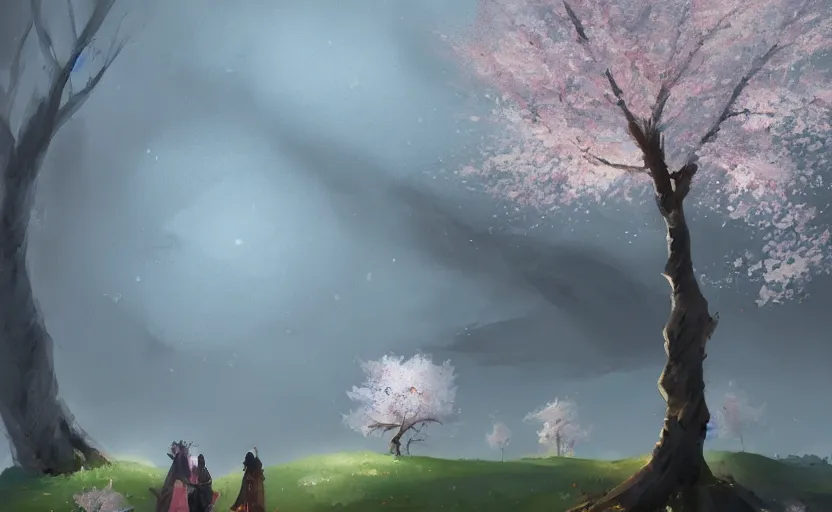 Prompt: A painting of the Grave of cherry blossoms trending on artstation in the style of Greg Rutkowski