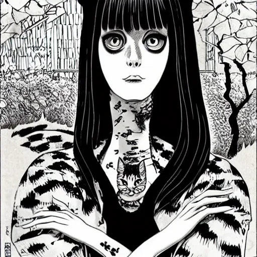 Image similar to portrait of a beautiful woman, gothic, cat eyes, high detail, illustration by junji ito