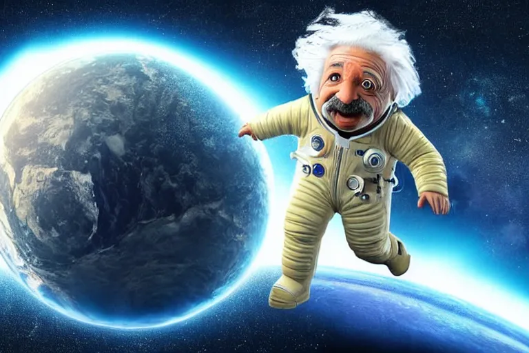 Prompt: still fullbody photo of sad albert einstein in spacesuit, giant flat earth on turtles at background, highly detailed, photorealistic shot, bright studio setting, studio lighting, crisp quality and light reflections, unreal engine 5 quality render