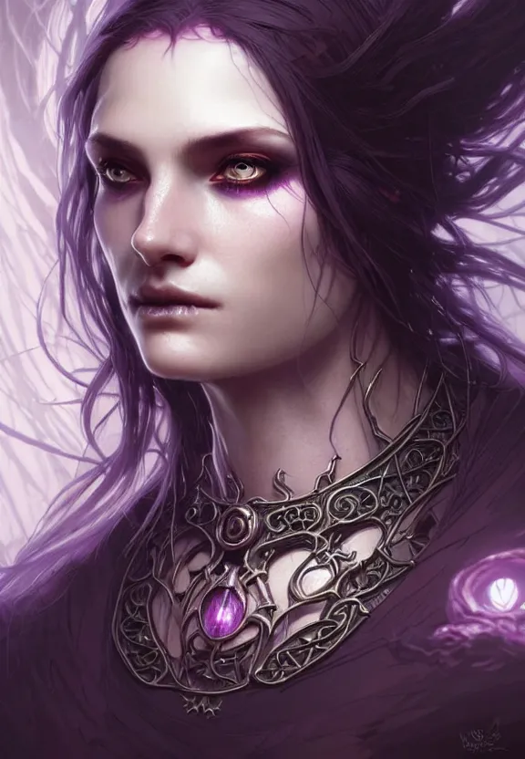 Image similar to Necromancer Sorceress face close-up macro in center, fantasy magic, undercut hairstyle, dark light night, intricate, elegant, sharp focus, illustration, highly detailed, digital painting, concept art, matte, art by WLOP and Artgerm and Greg Rutkowski and Alphonse Mucha, masterpiece