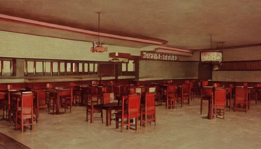 Prompt: 70s movie still of empty north-korean restaurant palace with propaganda fresco stalinist style, eastmancolor, heavy grain, high quality, higly detailed