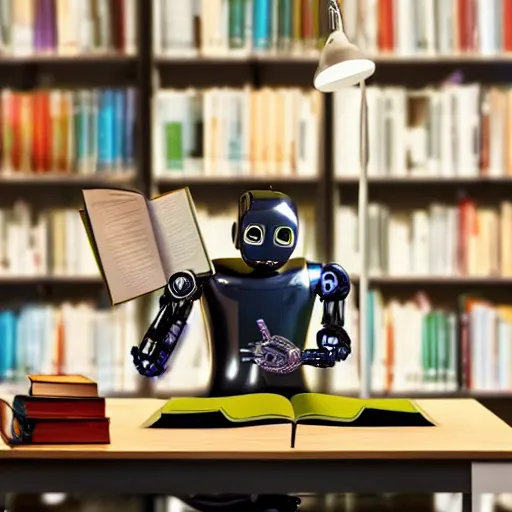 Prompt: a robot reading a book sitting in a desk chair and on the table a desk lamp turned on, in the background many books