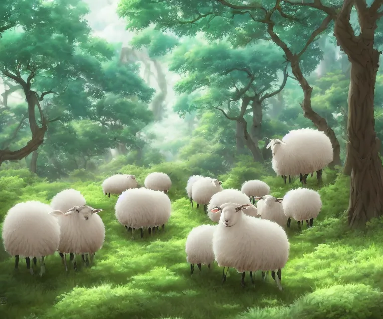 Image similar to sheep in a forest, anime fantasy illustration by tomoyuki yamasaki, kyoto studio, madhouse, ufotable, comixwave films, trending on artstation
