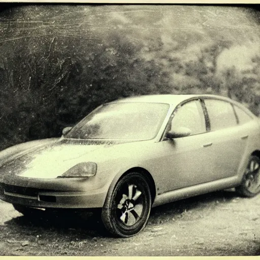 Prompt: Daguerreotype of a Tesla car