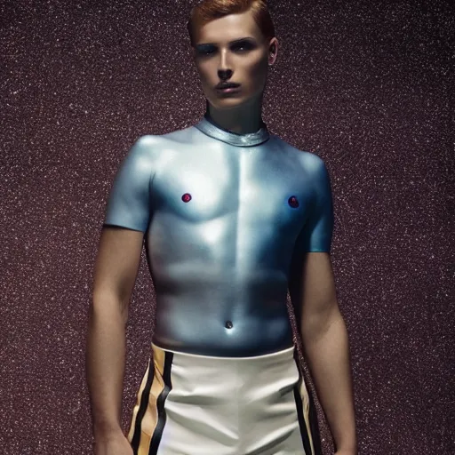 Prompt: an holographic athletic beautiful male space king, photographed by erwin olaf