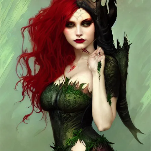 Image similar to a beautiful and detailed matte painting of a seductive vampire cat girl dressed as poison ivy, fantasy, d & d, dark eyeliner, intricate, elegant, highly detailed, digital painting, artstation, concept art, matte, sharp focus, illustration, art by greg rutkowski and alphonse mucha