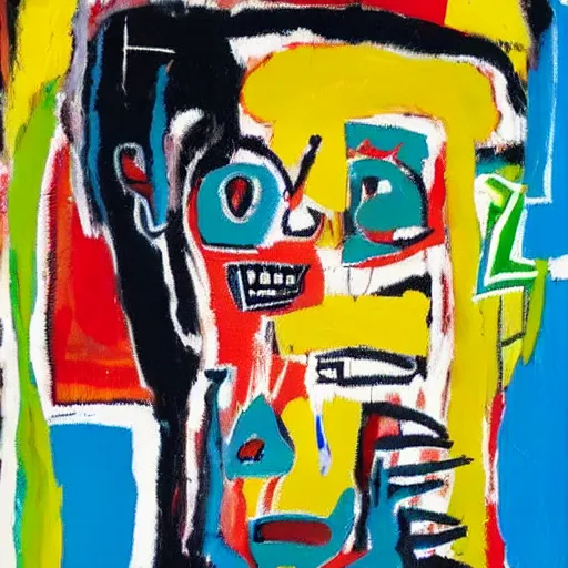 Image similar to abstract oil painting, basquiat style, woman holding hand over face