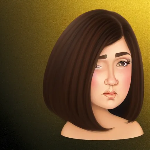 Image similar to chubby brunette woman with straight hair in a short bob, round face, romanian heritage, brown eyes, olive skin, bulbous nose, big chin, wide face, no bangs, digital art, cartoon, cute, 8k, illustration, trending on artstation, medium shot, head shot