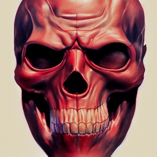 Prompt: ultra realistic head and shoulders portrait painting of red skull, art by frank frazetta, 4 k, ultra realistic, highly detailed, epic lighting