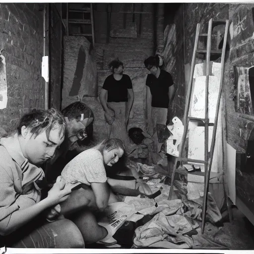 Prompt: A group of artists working in their cramped basement, 90s Film Photo, Flash Photography, 40mm lens, Award Winning, 8k Film Scan