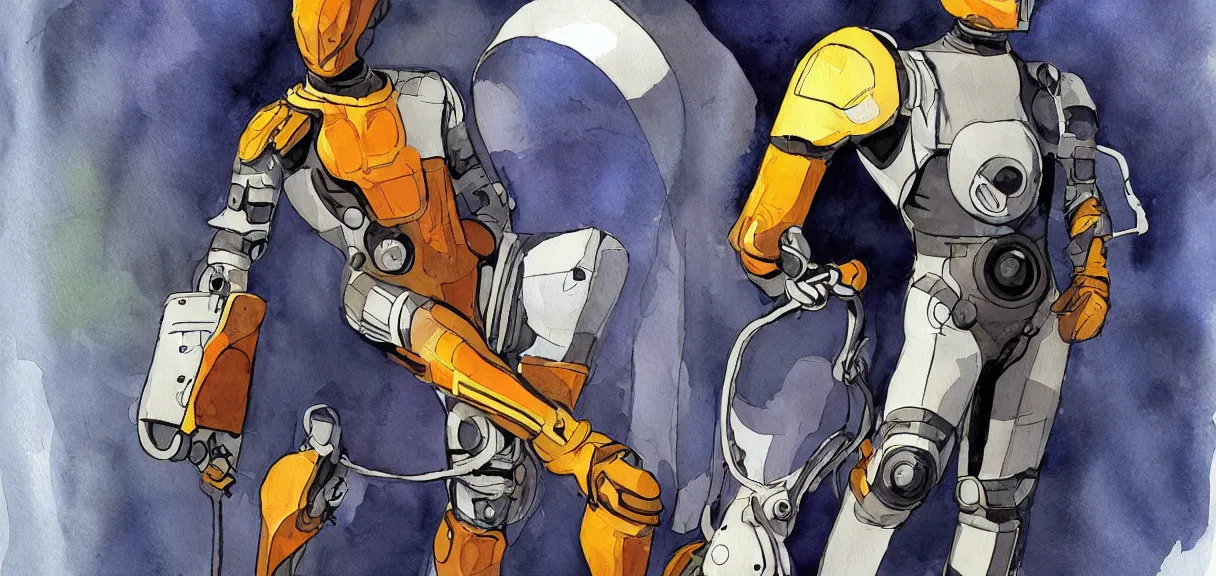 Image similar to male, full body!!!!!!, space suit with a modern helmet, large shoulders, short torso, long thin legs, tiny feet, character sheet, science fiction, very stylized character design, watercolor digital painting, by mike mignola, by alex maleev, jean giraud, painted by leyendecker