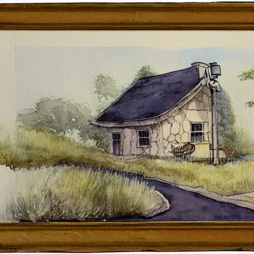 Prompt: a watercolor and ink painting of a cottage, drawn on white parchment paper, vibe, atmosphere, detailed, muted colors, by greg rutowski and james gurney