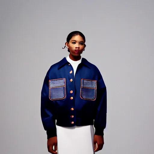 Image similar to realistic photoshooting for a new balenciaga lookbook, color film photography, portrait of a beautiful woman, model wearing a workwear jacket, by photo in style of Tyler Mitchell, 35mm,