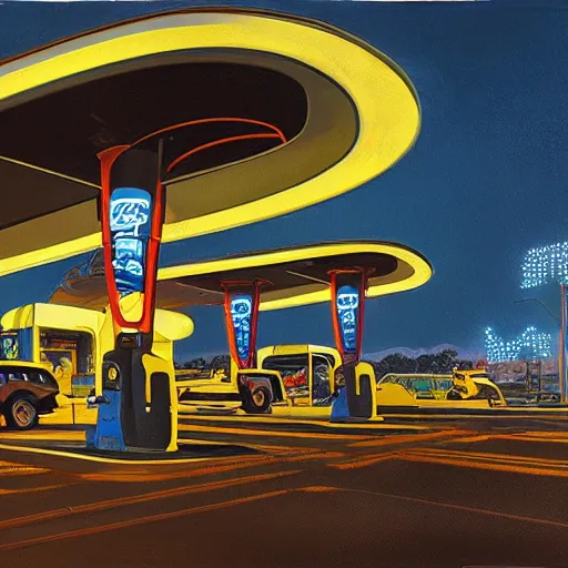 Image similar to painting of syd mead artlilery scifi gas station with ornate metal work lands on a farm, filigree ornaments, volumetric lights, simon stalenhag