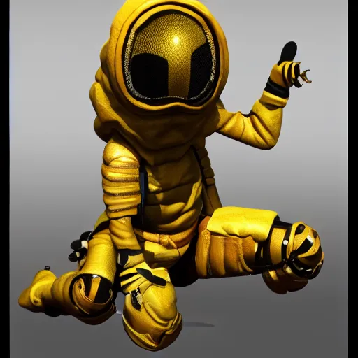 Image similar to a bee squatting in knee pads, extremely detailed, digital painting, sculpted in zbrush, artstation, concept art, smooth, sharp focus, illustration, chiaroscuro soft lighting, golden ratio, rule of thirds, fibonacci, lots of reflective surfaces, subsurface scattering