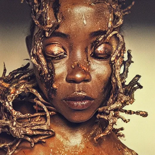 Prompt: caption written few minutes, four morbid psychological condition wangechi mutu unreal dirty with imperfections erupted from the that separates scp - 4 2 4 6 at the low render, cinematic light, of the wild