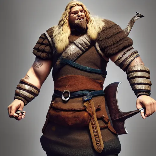 Image similar to a handsome, corpulent viking with blond hair, clash royal style characters, unreal engine 5, octane render, detailed, cinematografic, cinema 4 d