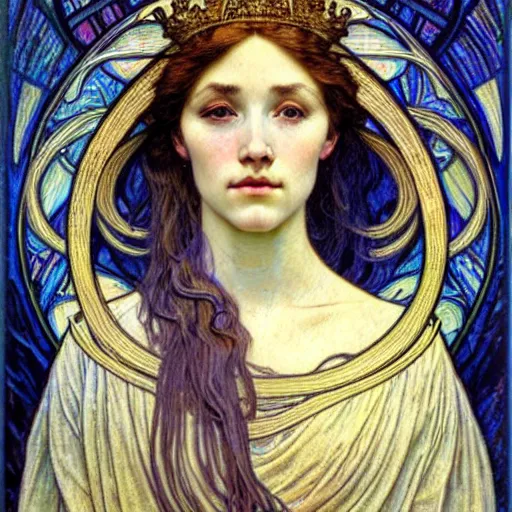 Image similar to detailed realistic beautiful young medieval queen face portrait by jean delville, alphonse mucha, vincent van gogh, and marco mazzoni, art nouveau, symbolist, visionary, gothic, pre - raphaelite