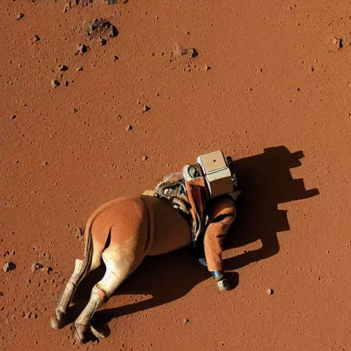 Prompt: the astronaut crawls on the surface of mars, the horse sits on the back of the astronaut, the picture