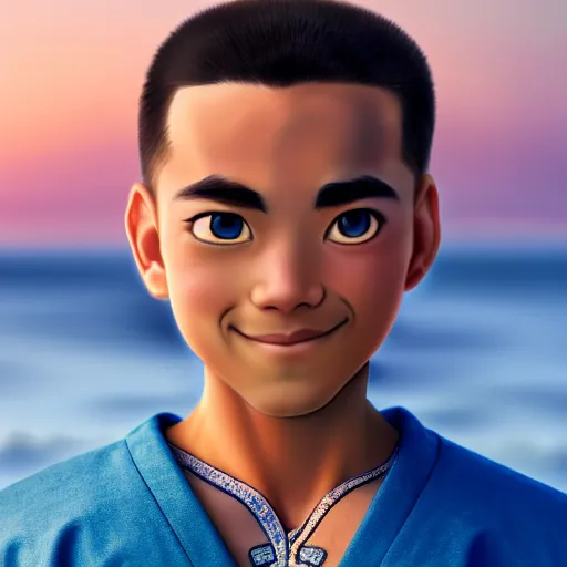 Image similar to beautiful serene intricate photograph of sokka from the water tribe as an inuit young man with light blue eyes, smiling softly, relaxing on the beach, golden hour, soft focus, 8 k, art by irakli nadar, hyperrealism, hyperdetailed, ultra realistic