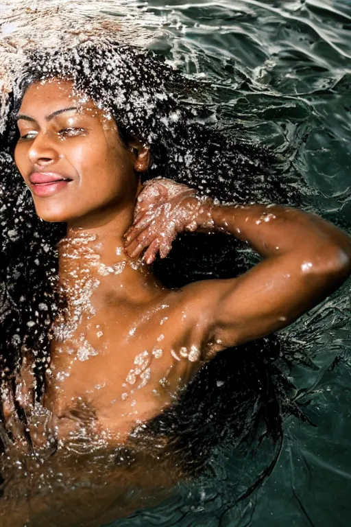 Image similar to a professional portrait photo of a sri lankan native woman, submerged in water, black hair, hunter, extremely high fidelity, natural lighting