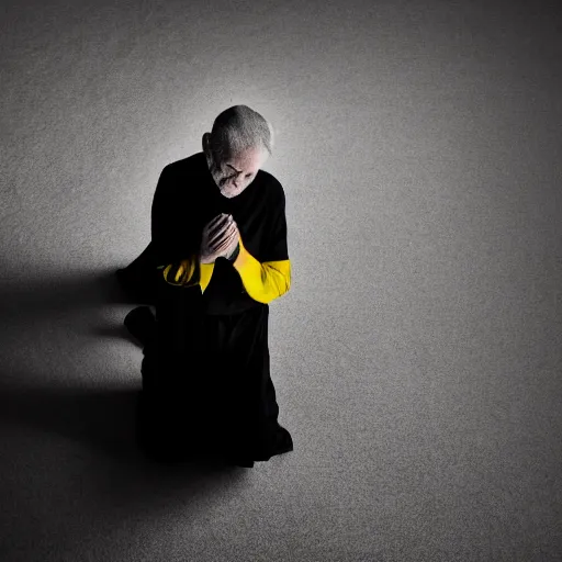 Prompt: An old catholic priest in black garb kneeled in passionate prayer. His eyes are wide open with fear. Ominous dramatic yellow lighting. Close-up shot from above, 4K photograph, 85mm sigma Art Lens