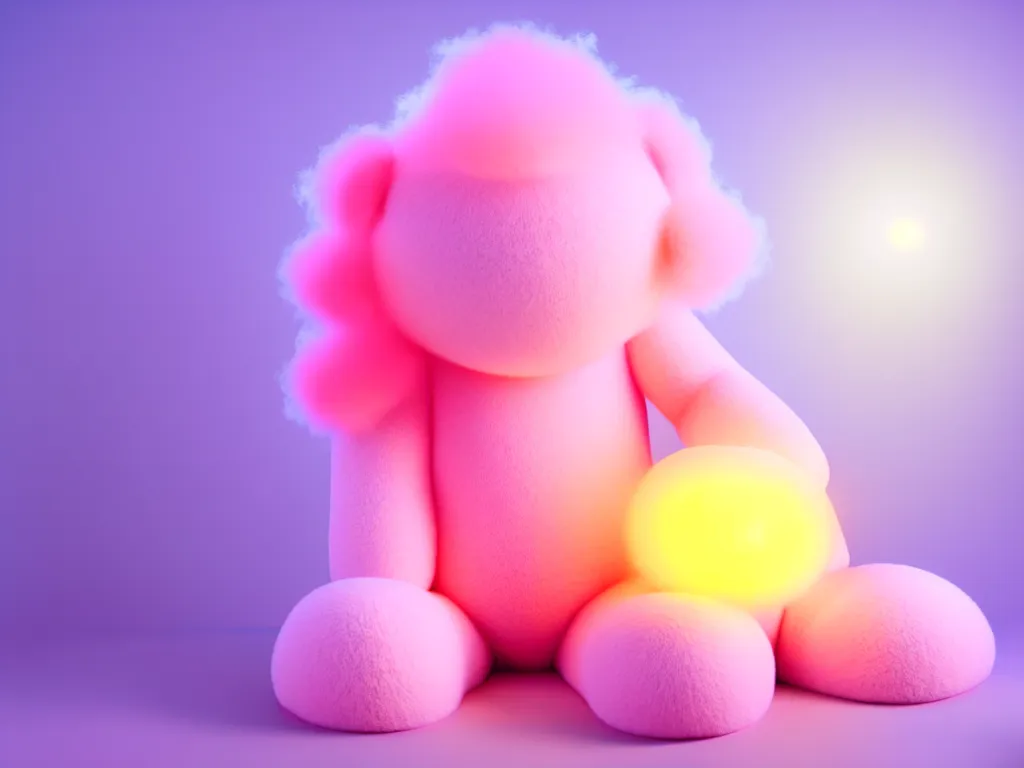 Image similar to realistic image of a light pink monster sitting on a simplistic pink fluffy cloud with yellow beams of light and a light blue background, children's tv show vintage kids channel 1 9 9 0 s 2 0 0 0 s