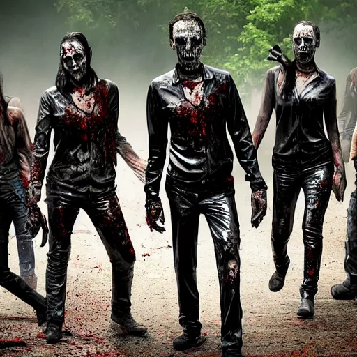 Image similar to walking dead still, a man wearing a shiny black latex full body suit and mask covered in vaseline sliding through a huge horde of zombies
