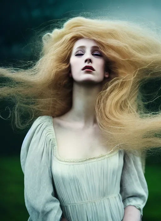 Image similar to cinestill 5 0 d photo of a pre - raphaelite blond beautiful woman, dreamy, hair floating in air in style of paolo roversi, 1 5 0 mm, f 1. 2, emotionally evoking, head in focus, stormy wet clouds outdoor, matt dreamy colour background, volumetric lighting, hyper realistic, ultra detailed