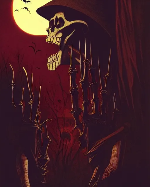 Prompt: creepy evil skeleton, halloween night, horror wallpaper aesthetic, cinematic, dramatic, super detailed and intricate, by koson ohara, by darwyn cooke, by greg rutkowski, by satoshi kon