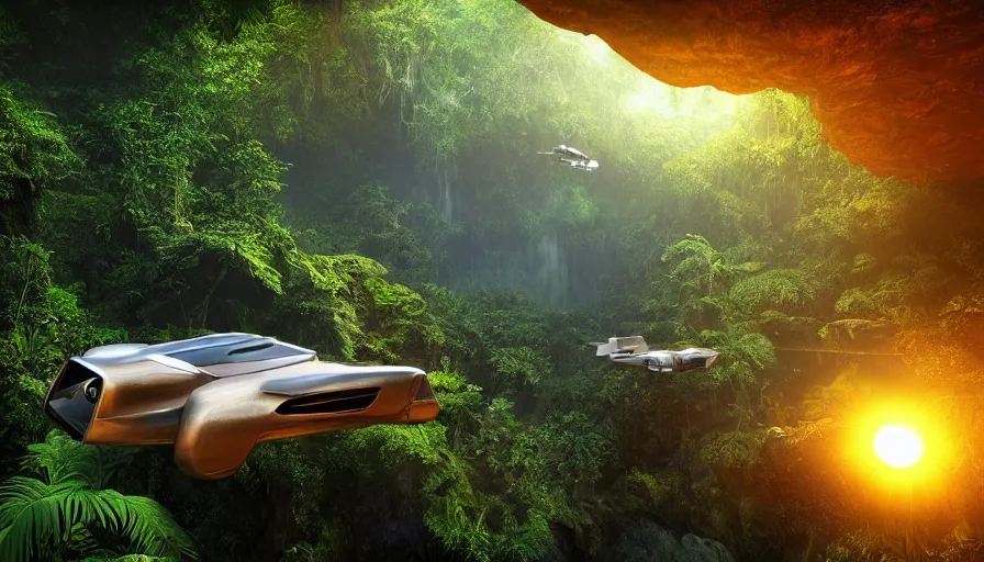 Prompt: a distant scifi flying car floating in a prehistoric jungle cave, lush flora, waterfall, sunset, hazy, volumetric lighting, rtx on, photorealistic render, great composition, very detailed