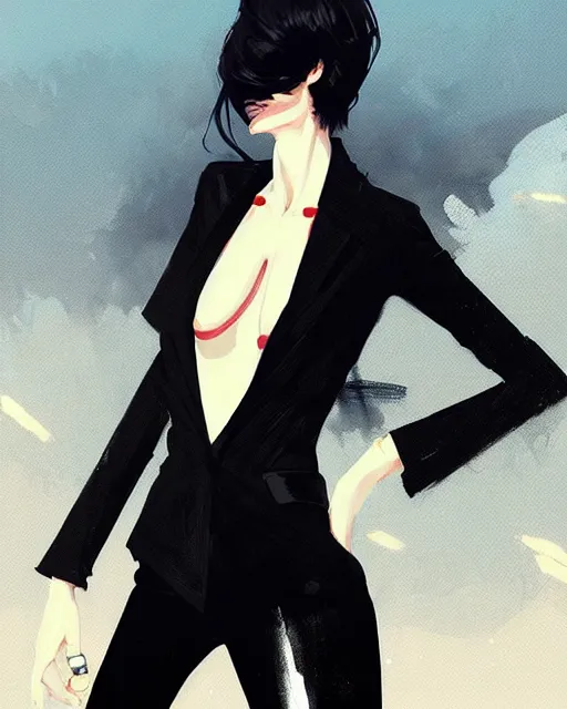 Image similar to a ultradetailed beautiful panting of a stylish woman wearing a black blazer, by conrad roset, greg rutkowski and makoto shinkai, trending on artstation