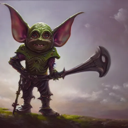Prompt: an oil painting of a little goblin wearing oversized plate armor, fantasy art, 4k, HDR, photorealistic